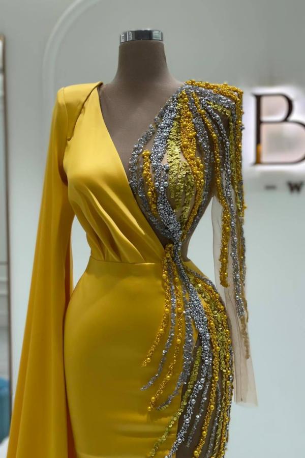 Gorgeous Yellow Long Mermaid V-neck Satin Beading Formal Dresses with Sleeves