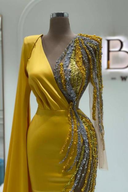 Gorgeous Yellow Long Mermaid V-neck Satin Beading Formal Dresses with Sleeves