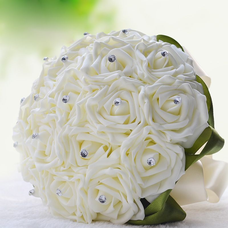 Ivory Silk Beading Rose Bouquet with Colorful Ribbons