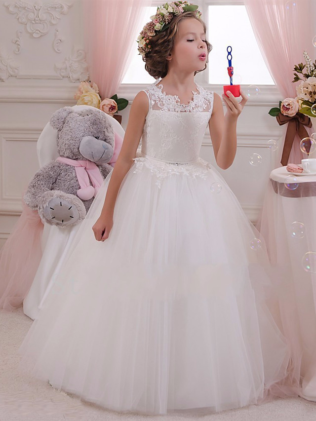 Long Ball Gown White Tulle Lace First Communion Flower Girl Dresses