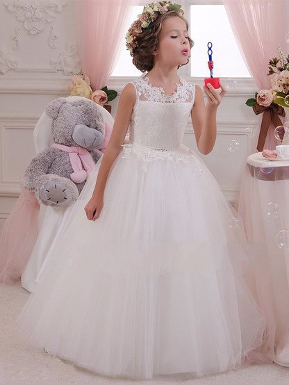 Long Ball Gown White Tulle Lace First Communion Flower Girl Dresses