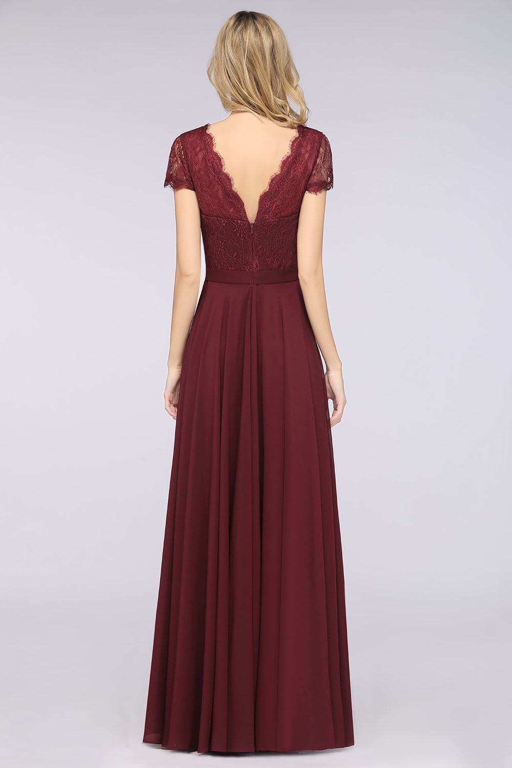 A-Line Chiffon Lace V-Neck Cap-Sleeves Floor-Length Bridesmaid Dress