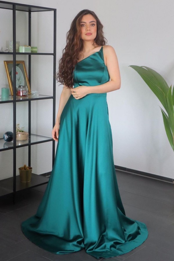 Simple A-line One Shoulder Satin Floor-length Prom Dress With Ruffles