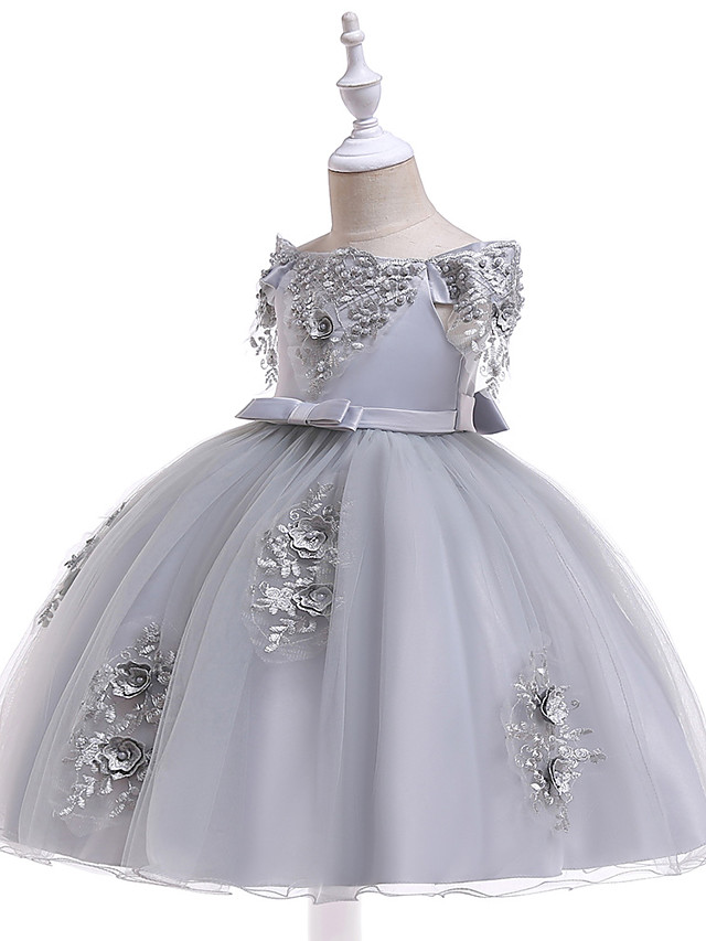 Princess Above Knee Wedding / Party / Pageant Flower Girl Dresses - Satin / Tulle Short Sleeve Off Shoulder With Lace / Beading / Appliques