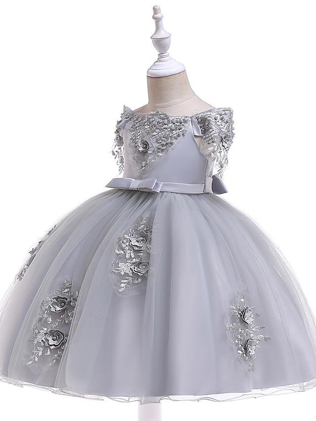 Princess Above Knee Wedding / Party / Pageant Flower Girl Dresses - Satin / Tulle Short Sleeve Off Shoulder With Lace / Beading / Appliques