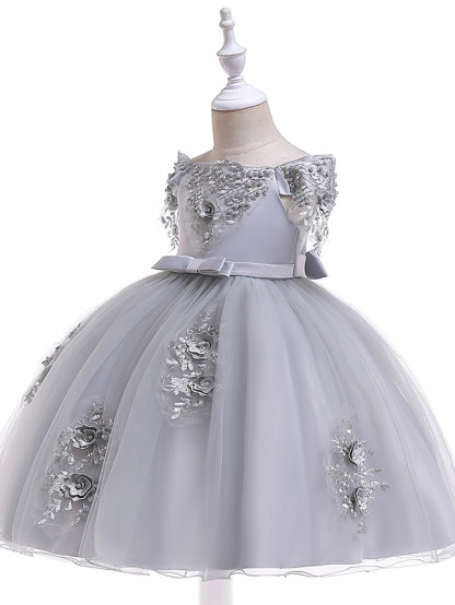 Princess Above Knee Wedding / Party / Pageant Flower Girl Dresses - Satin / Tulle Short Sleeve Off Shoulder With Lace / Beading / Appliques