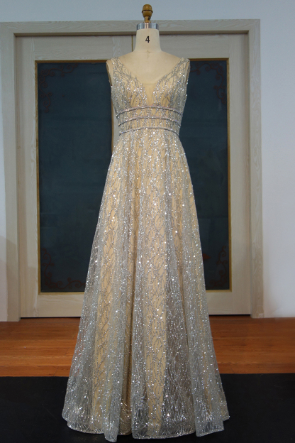 Long A-line Sleeveless Floor Length Sequined V-neck Prom Dresses