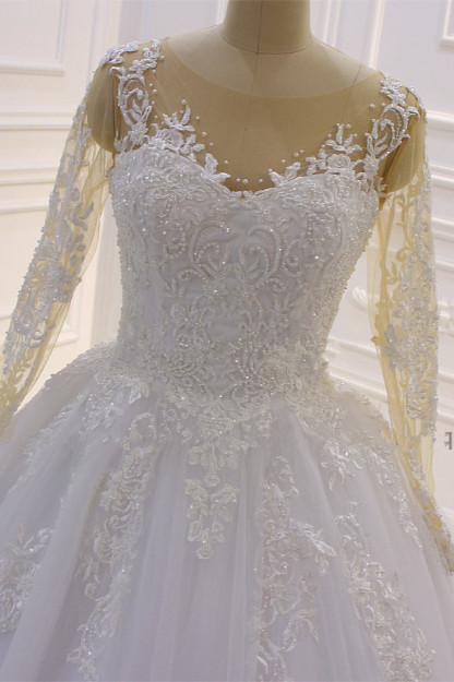 Gorgeous Bateau Long Sleeve Tulle Appliques Lace Ball Gown Wedding Dress