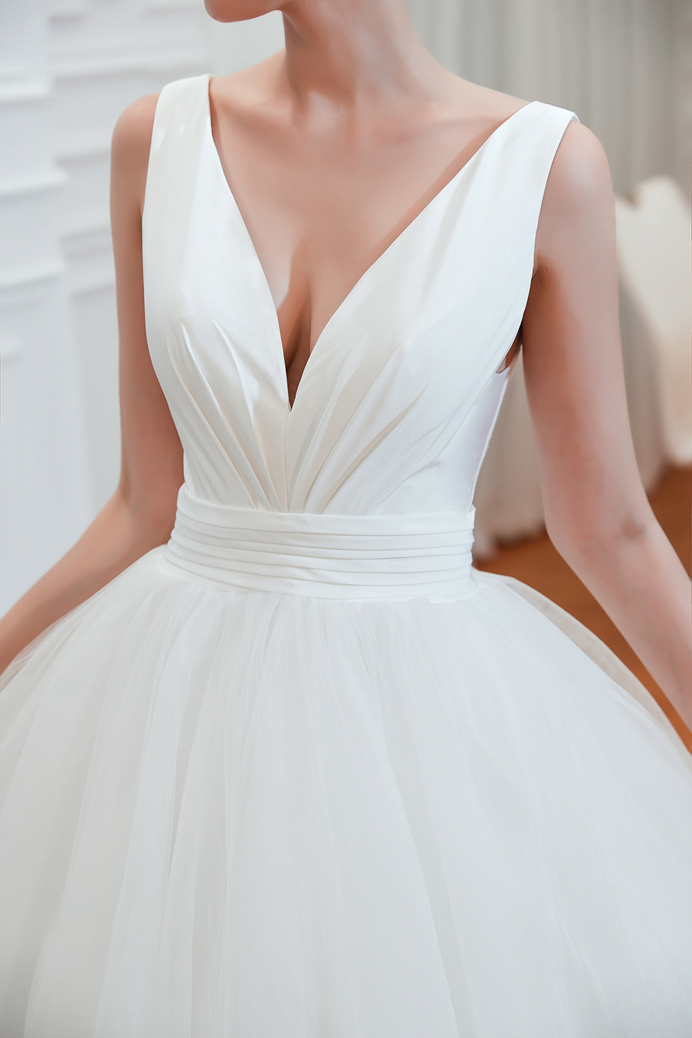 Long A-Line Tulle Wide Straps Deep V-neck Floor-length Wedding Dress