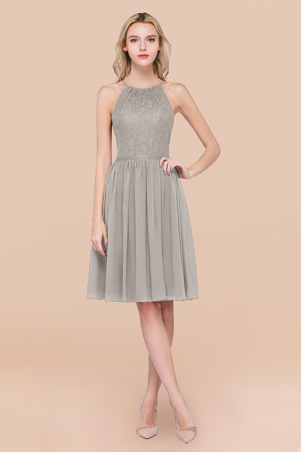 A-line Chiffon Lace Jewel Sleeveless Knee-Length Bridesmaid Dresses with Ruffles