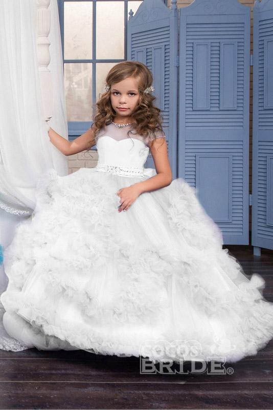 Violet Scoop Neck Short Sleeves Ball Gown Flower Girls Dress