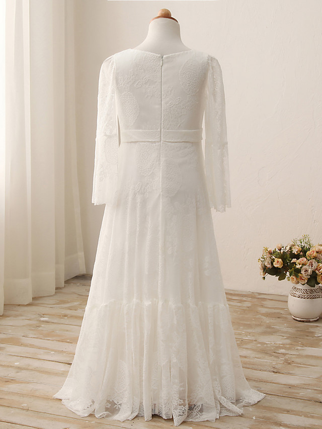 Sheath / Column Maxi Wedding / Birthday / Holiday Flower Girl Dresses - Lace / Cotton 3/4 Length Sleeve V Neck With Lace