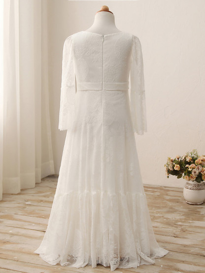 Sheath / Column Maxi Wedding / Birthday / Holiday Flower Girl Dresses - Lace / Cotton 3/4 Length Sleeve V Neck With Lace