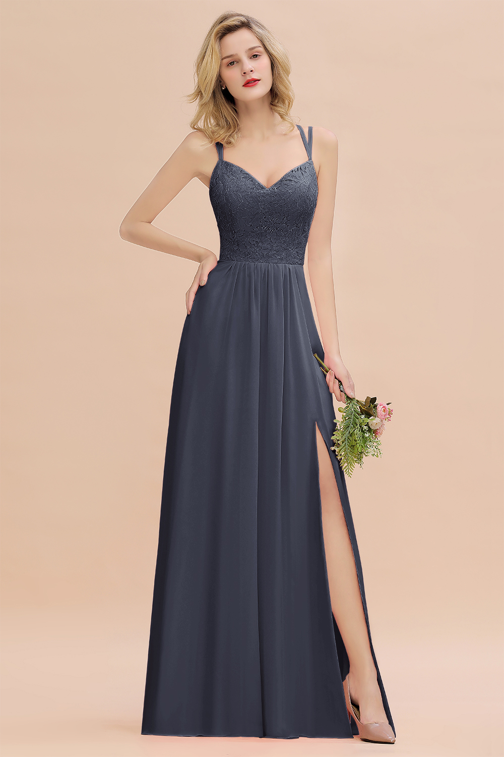 Beautiful A-Line Chiffon Spaghetti Straps Sweetheart Floor Length Split Bridesmaid Dress