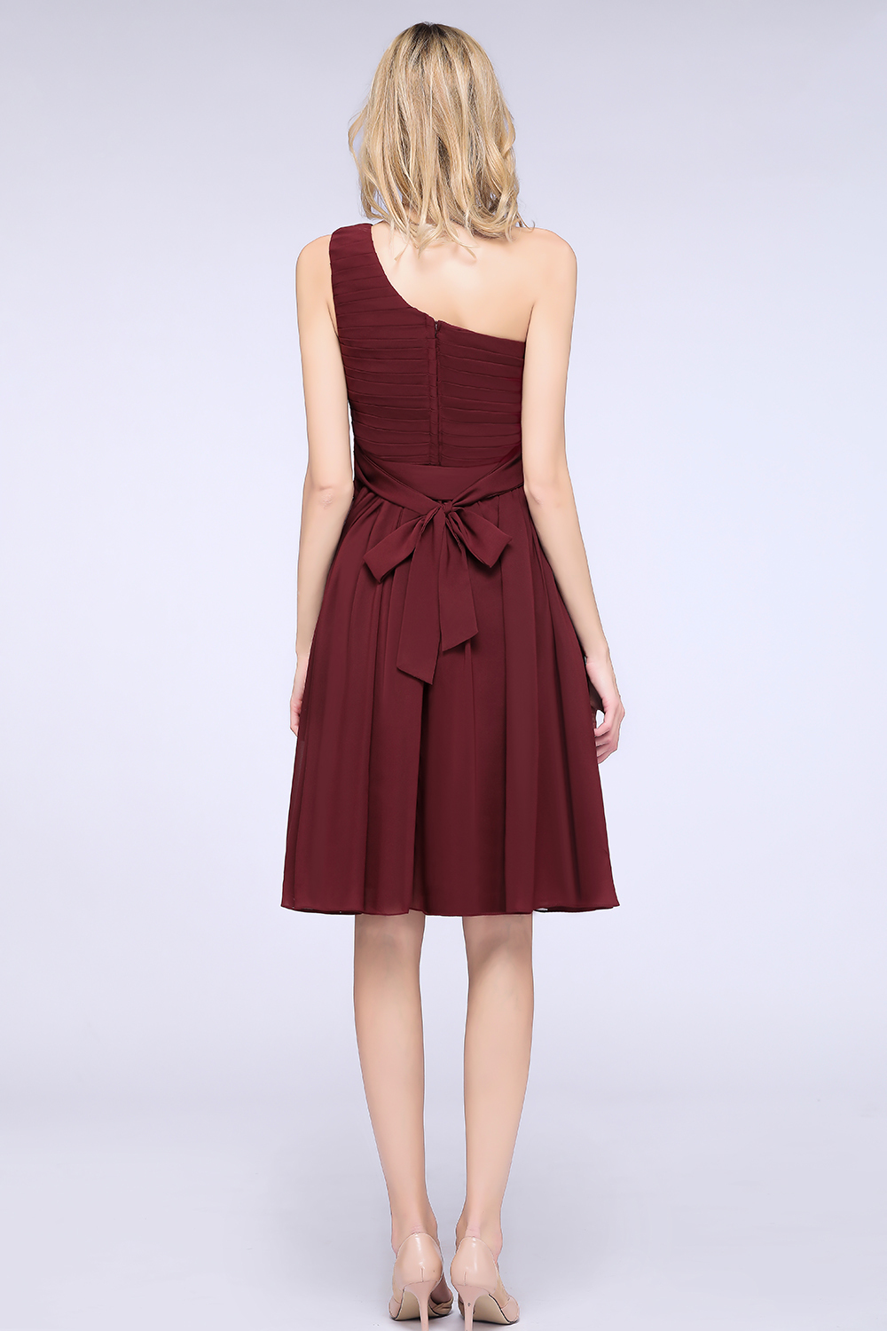 A-Line Chiffon One-Shoulder Sleeveless Knee-Length Bridesmaid Dress with Ruffles