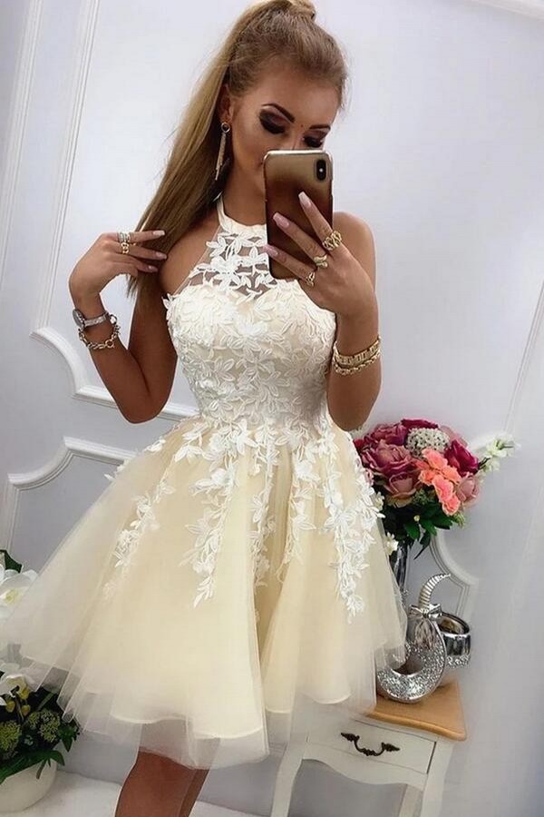 Cute Short A-line Halter Tulle Lace Prom Dresses for Teens