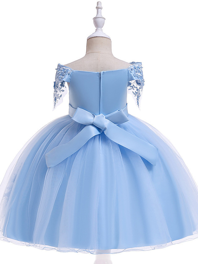 Princess Above Knee Wedding / Party / Pageant Flower Girl Dresses - Satin / Tulle Short Sleeve Off Shoulder With Lace / Beading / Appliques
