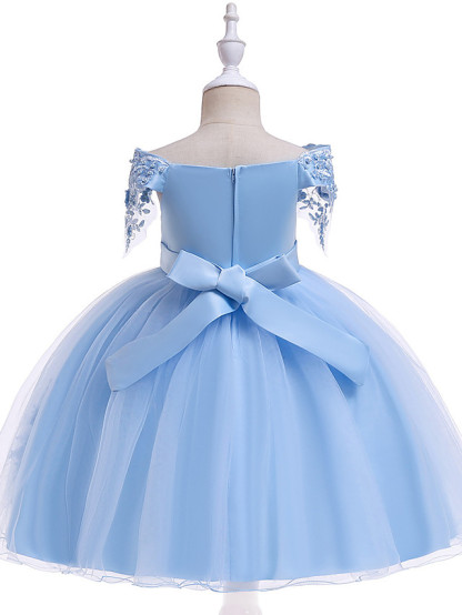 Princess Above Knee Wedding / Party / Pageant Flower Girl Dresses - Satin / Tulle Short Sleeve Off Shoulder With Lace / Beading / Appliques