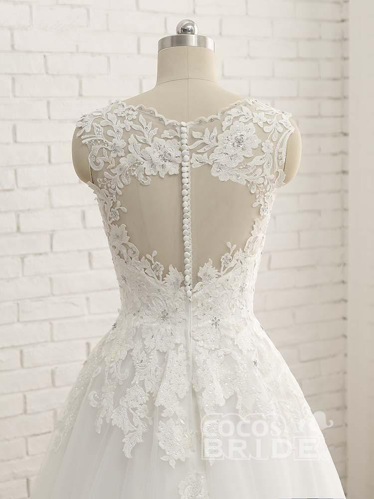 Elegant Long A-line V-Neck Lace Tulle Lace Wedding Dresses