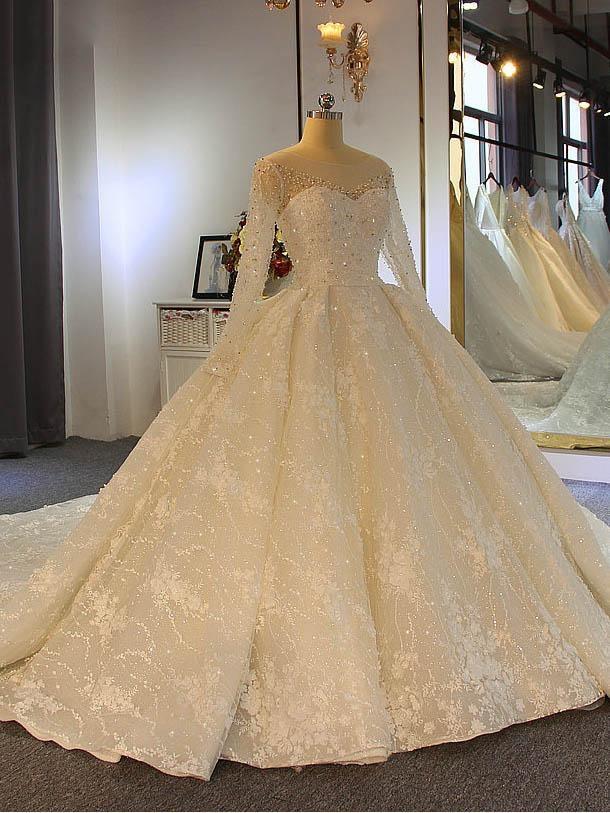Shinny Long Sleeve Lace-Up Ball Gown Wedding Dresses