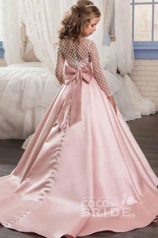 White Scoop Neck Long Sleeves Ball Gown Flower Girls Dress