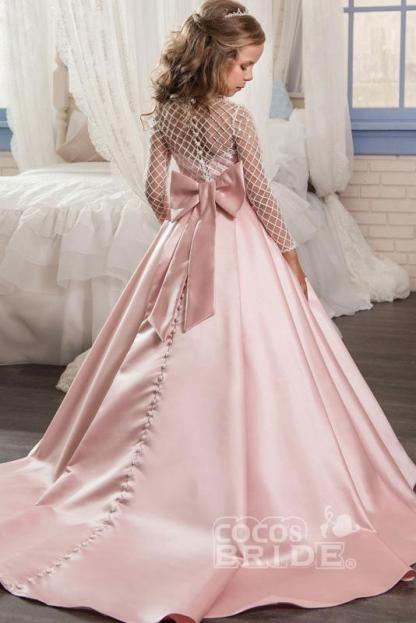 White Scoop Neck Long Sleeves Ball Gown Flower Girls Dress