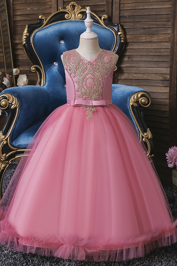 FS9975 Appliques Scoop Tea Length Flower Girl Dress