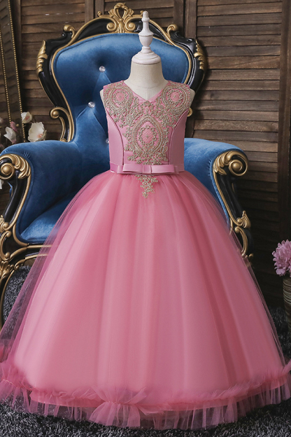 FS9975 Appliques Scoop Tea Length Flower Girl Dress