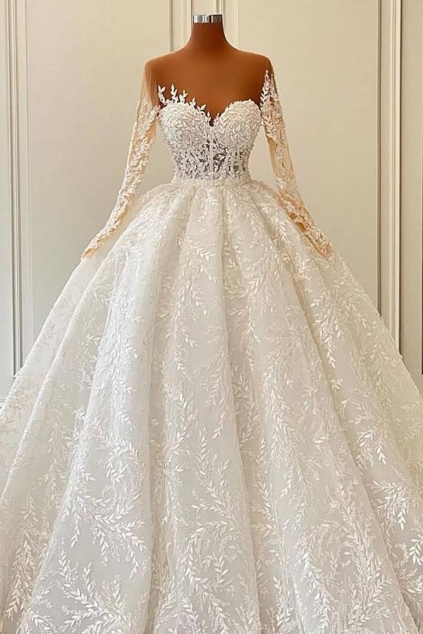 Gorgeous Long Ball Gown Sweetheart Floral Pattern Wedding Dresses with Sleeves