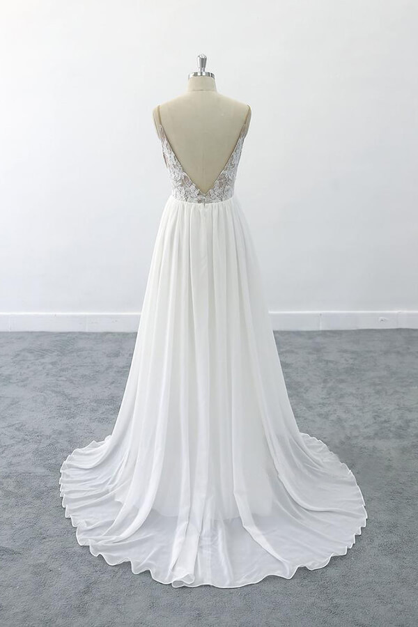 Elegant Long V-neck Lace Chiffon A-line Open Back Wedding Dress