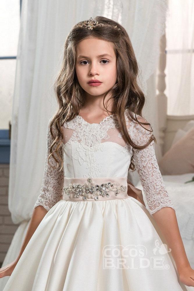 Ivory Scoop Neck Long Sleeves Ball Gown Flower Girls Dress