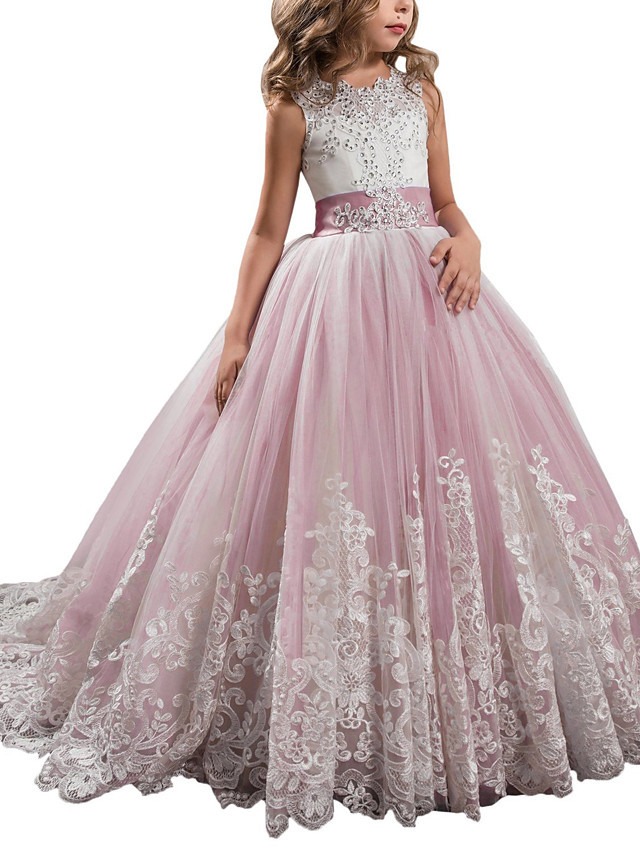 Princess Sleeveless Jewel Neck Pageant Flower Girl Dresses With Bow(S)