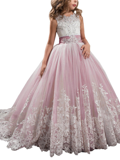 Princess Sleeveless Jewel Neck Pageant Flower Girl Dresses With Bow(S)