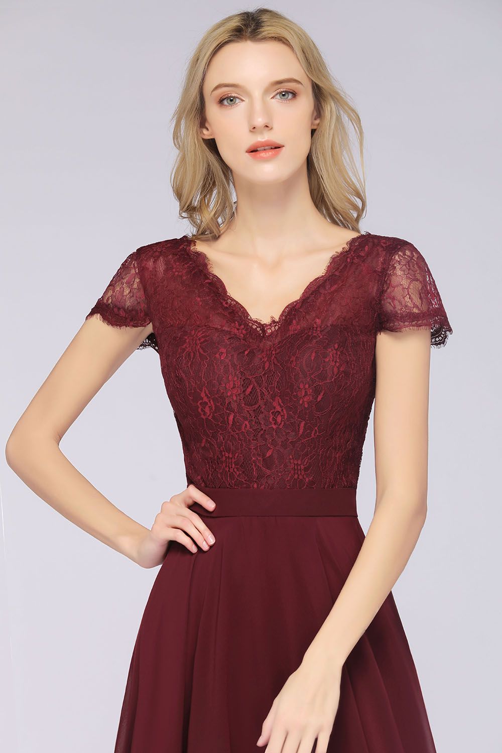A-Line Chiffon Lace V-Neck Cap-Sleeves Floor-Length Bridesmaid Dress