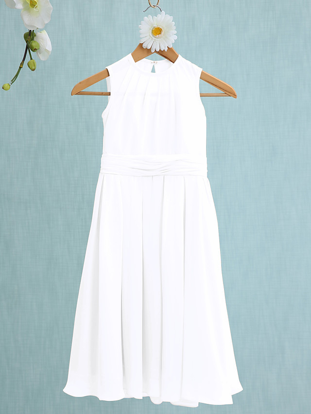 Sky Blue Long A-line Jewel Neck Knee Length Chiffon Junior Bridesmaid Dress