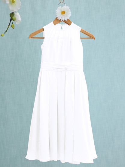 Sky Blue Long A-line Jewel Neck Knee Length Chiffon Junior Bridesmaid Dress