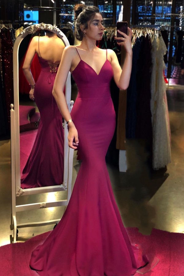 Vintage V-neck Spaghetti Straps Backless Floor-length Ruffles Mermaid Prom Dress