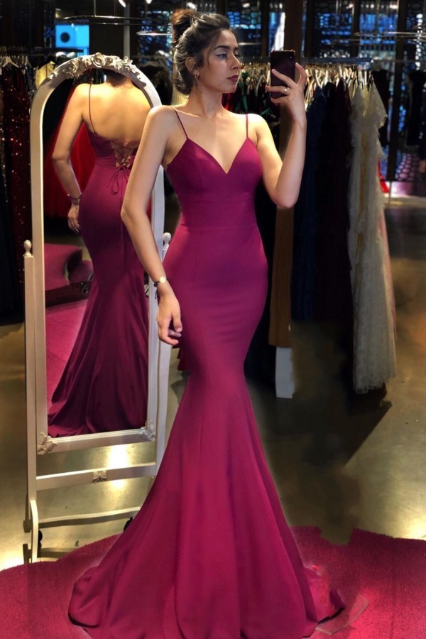 Vintage V-neck Spaghetti Straps Backless Floor-length Ruffles Mermaid Prom Dress