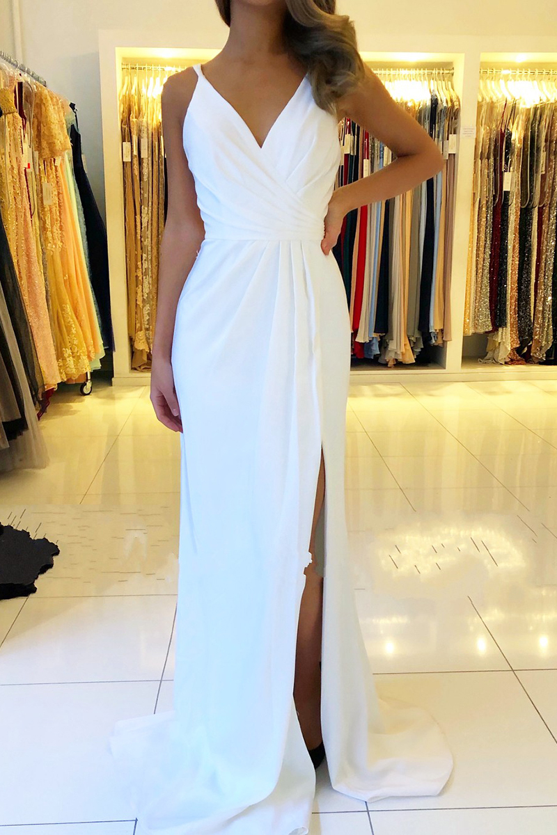 Elegant Deep V-neck Backless Ruffles Mermaid Prom Dress With Side Slit