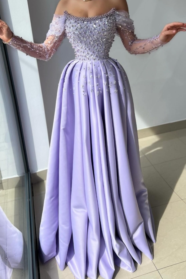 A-line Strapless Illusion Long Sleeves Satin Long Prom Dress with Sequins and Ruffles