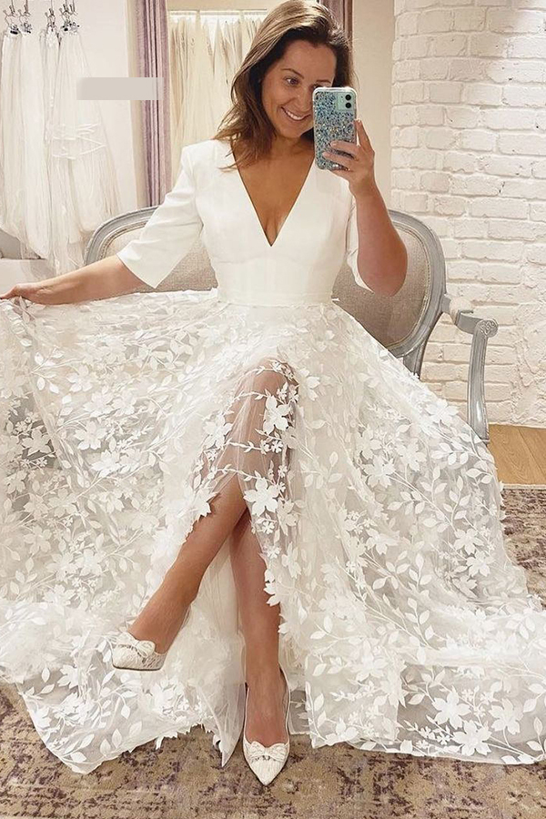 White Long V-neck Lace A-line Side Split Wedding Dresses with Sleeves