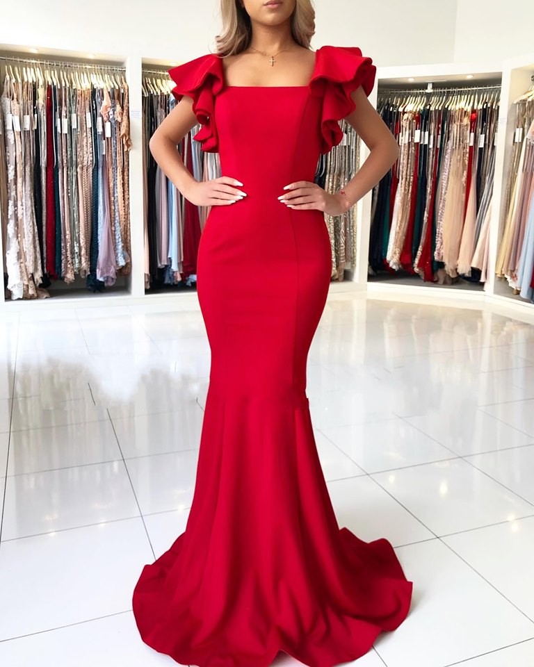 Charming Red Square Neckline Ruffles Mermaid Prom Dresses