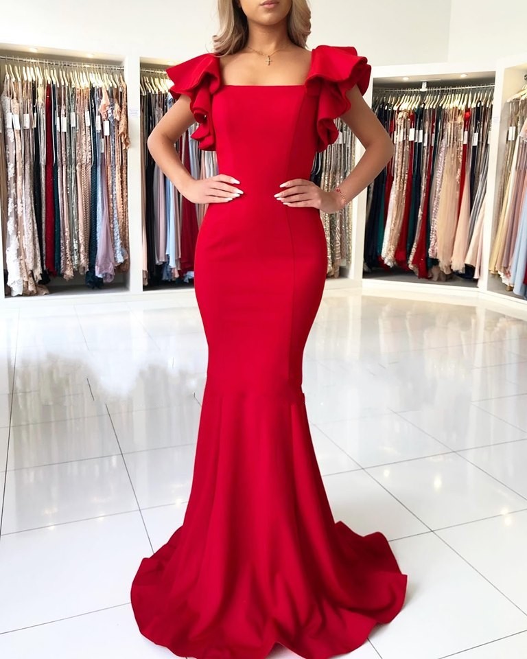 Charming Red Square Neckline Ruffles Mermaid Prom Dresses