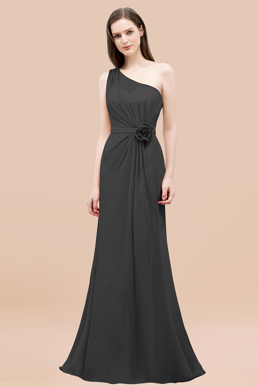 Mermaid Chiffon One-shoulder Sleeveless Ruffled Floor-Length Bridesmaid Dresses with Flower