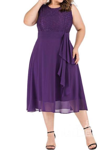 Dark Blue Plus Size Solid Round Neckline Casual Midi X-line Dress Plus Dress