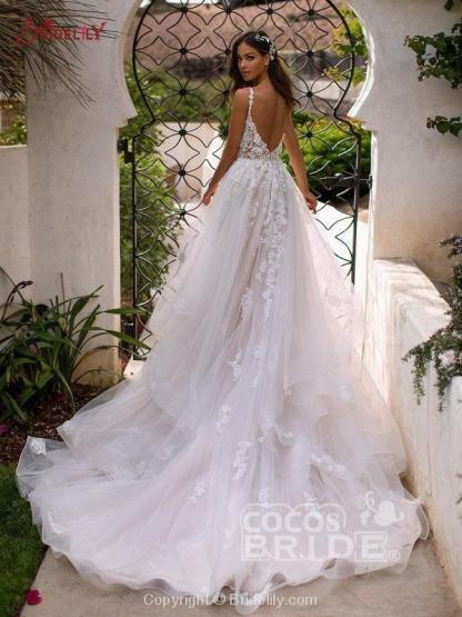 Boho Long A-line Spaghetti Strap Backless Tulle Lace Wedding Dresses