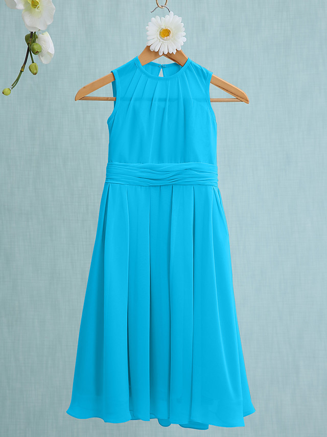 Sky Blue Long A-line Jewel Neck Knee Length Chiffon Junior Bridesmaid Dress