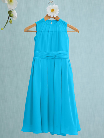 Sky Blue Long A-line Jewel Neck Knee Length Chiffon Junior Bridesmaid Dress