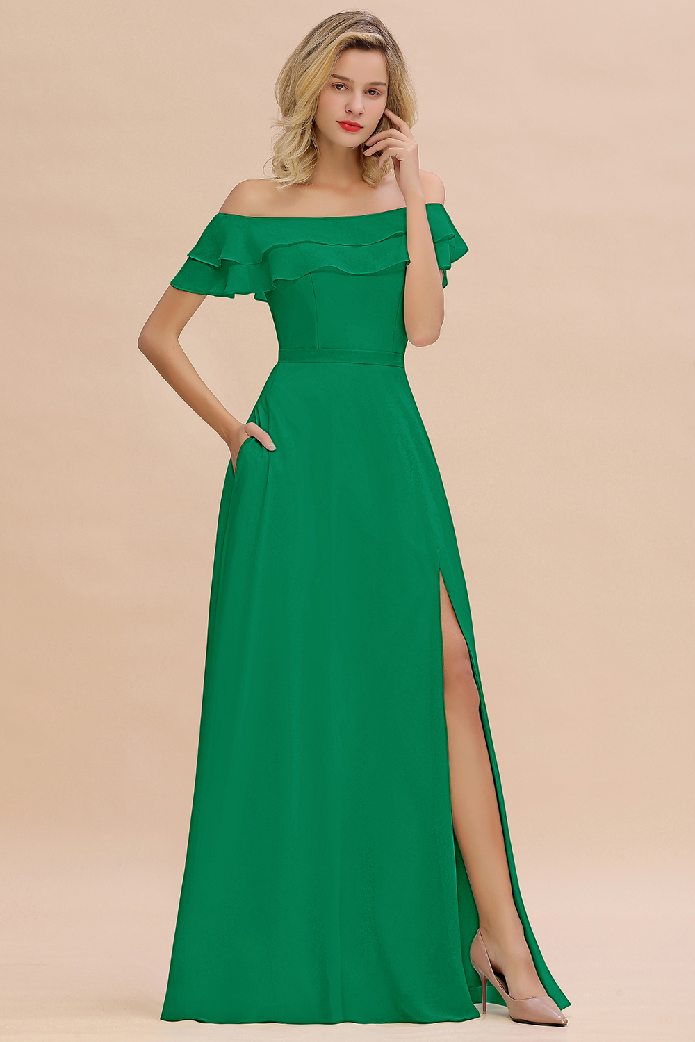 Off-the-Shoulder Front Slit Mint Green Long Bridesmaid Dress