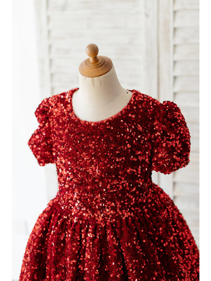 Red Short A-line Knee Length Sequined Flower Girl Dresses with Sleeves